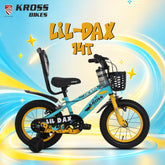Kross Lil Dax 14T Kids Bicycle for Boys & Girls | Steel Frame | Single Speed | Training Wheels, Basket & Backrest | Blue-Yellow