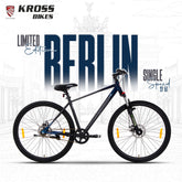 Kross Berlin 700C Single Speed Hybrid Bicycle, Black & Galaxy Blue, Alloy Double Wall Rims, Suspension Fork, Mechanical Disc Brakes