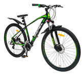 A vibrant black and green mountain bike.
