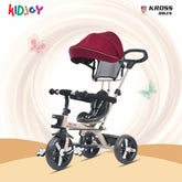 Kidjoy EX-1 3-in-1 Kids Tricycle with Adjustable Parental Handle, Detachable Canopy, EVA Tyres, Safety Belt & Rear Basket (1–4 Years) (Brown/Maroon)