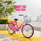 Kross Gauzy 26T Single Speed City Bike for Women – Steel Frame, Basket, Mudguard & Side Stand (Ideal for 12+ Years) Pink