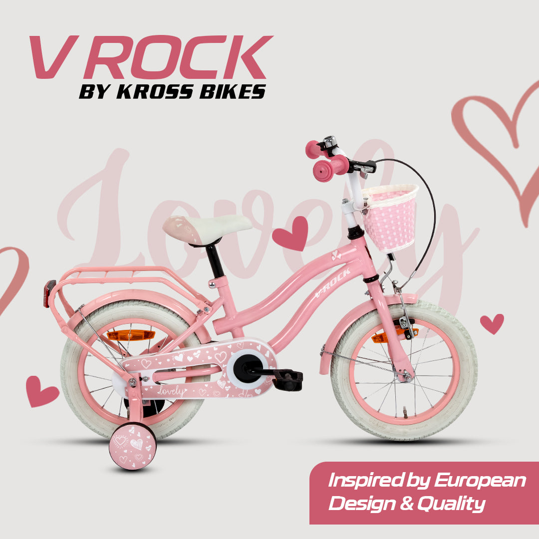V Rock Lovely 14T Pink Kids Bike, Steel Frame, Rear Coaster & V Brake, Basket & Support Wheels, 14 inch BMX Cycle (Single Speed, Pink, Rigid)