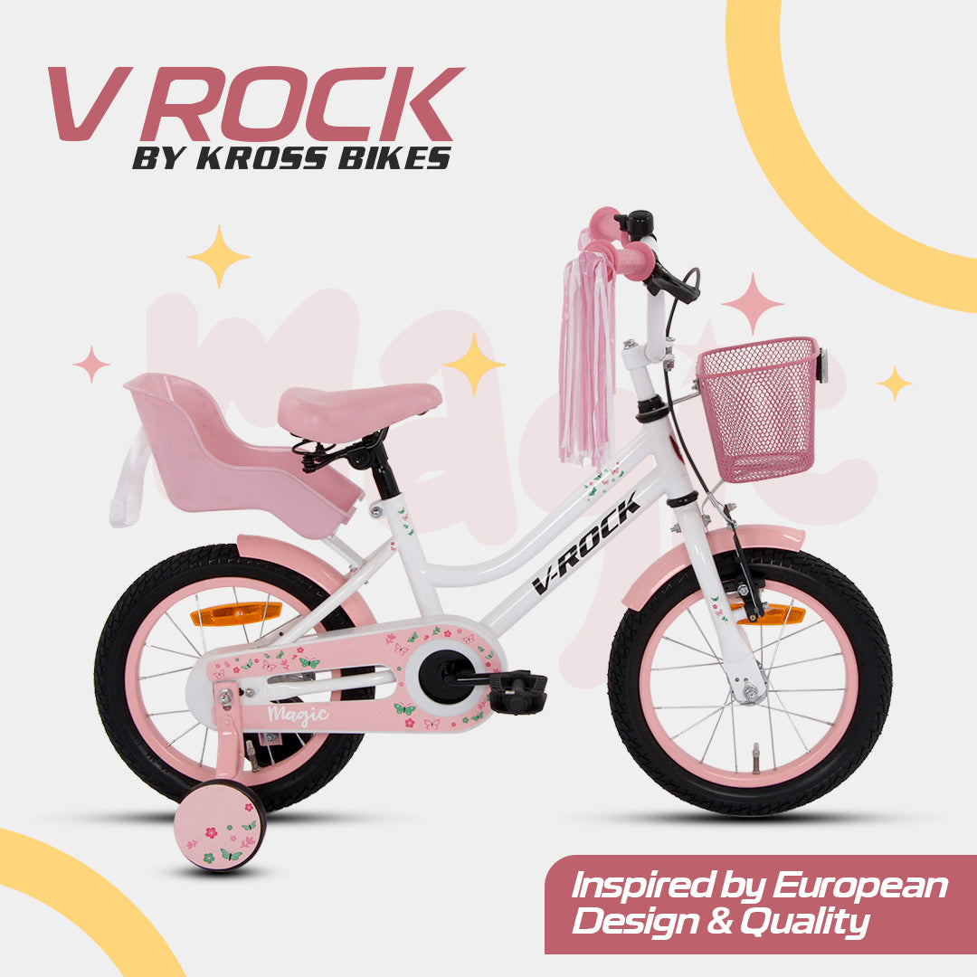 V Rock Magic 14T Kids Bicycle – Magic White with Pink Accessories | Training Wheels | Basket & Doll Carrier