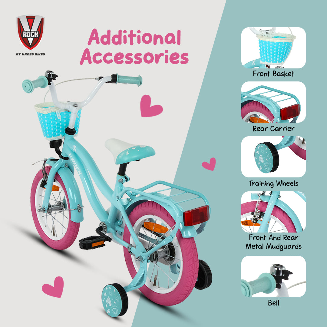 V Rock Lovely 14T Blue Kids Bike, Steel Frame, Rear Coaster & V Brake, Basket & Support Wheels, 14 inch BMX Cycle (Single Speed, Blue, Rigid)