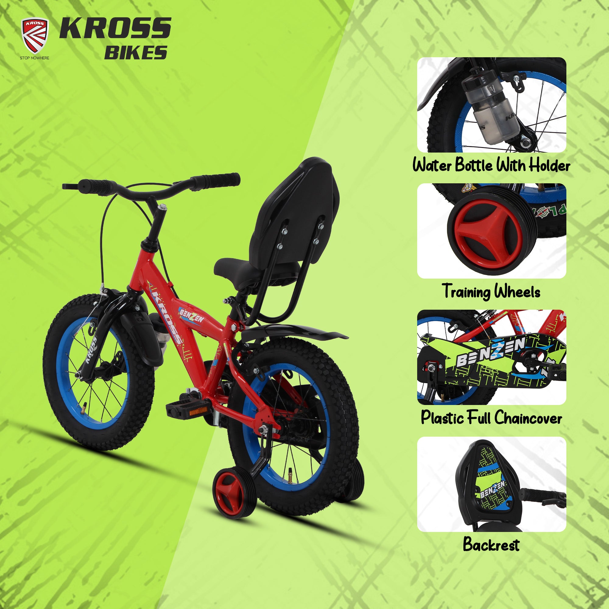 Kross Benzen Crush 14T Kids Cycle with Training Wheels, Back Rest & Bottle – Red