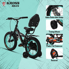 Kross Benzen Crush 16T Kids Cycle with Training Wheels, Back Rest & Bottle – Black