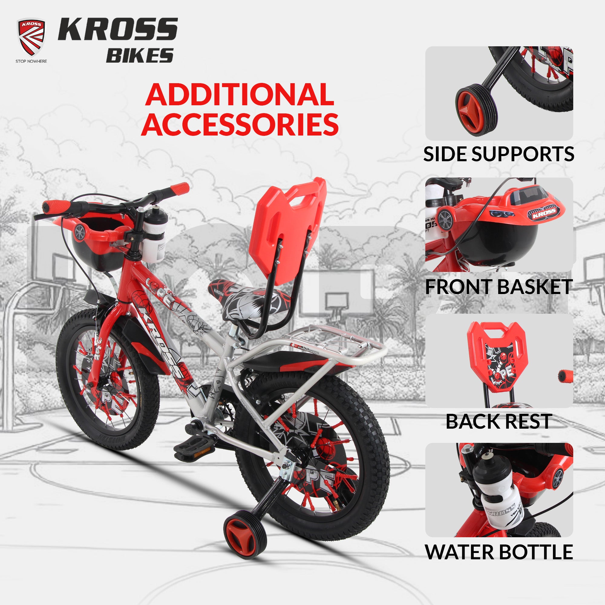 Kross Lope 16T Kids Cycle (16x2.40 Tyre, Dual Color Steel Frame, Caliper Brakes, Basket & Side Wheels, 4–6 Years) with Carrier-Red