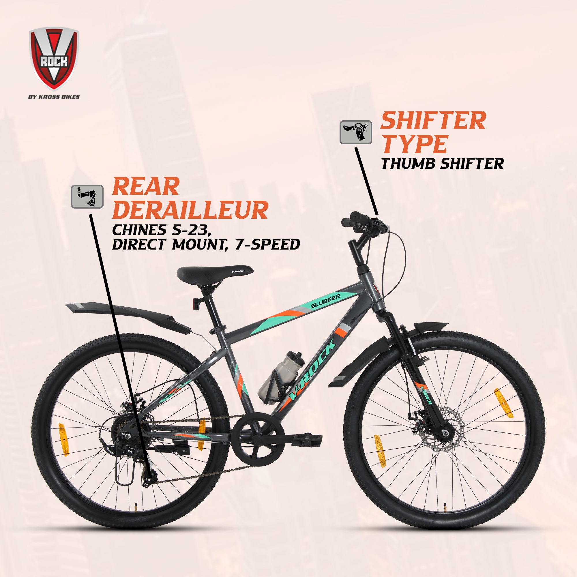 V Rock Slugger 26T 7 Speed Mountain Bike with Suspension Fork, Disc Brakes & Steel Frame (Grey)