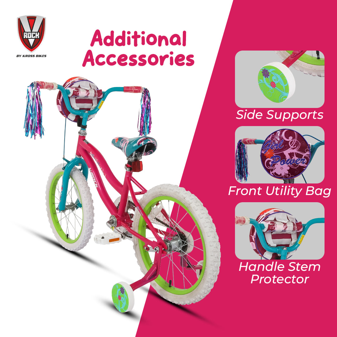 V Rock Girl Power 18T Bicycle for Kids (4–7 Years) | Pink–Turquoise, Steel Frame, Training Wheels