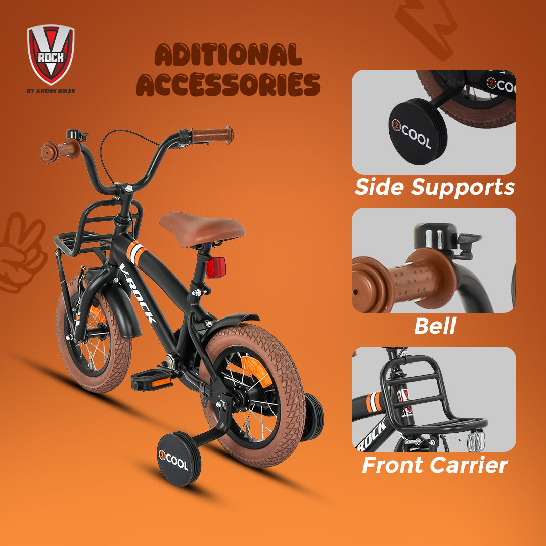 V Rock 2 Cool 12T Kids Bicycle | 12-inch Steel Frame | Rubber Tyres | Front V-Brake & Rear Coaster Brake | Adjustable Seat | Training Wheels | Age 4–7 Years (Black)