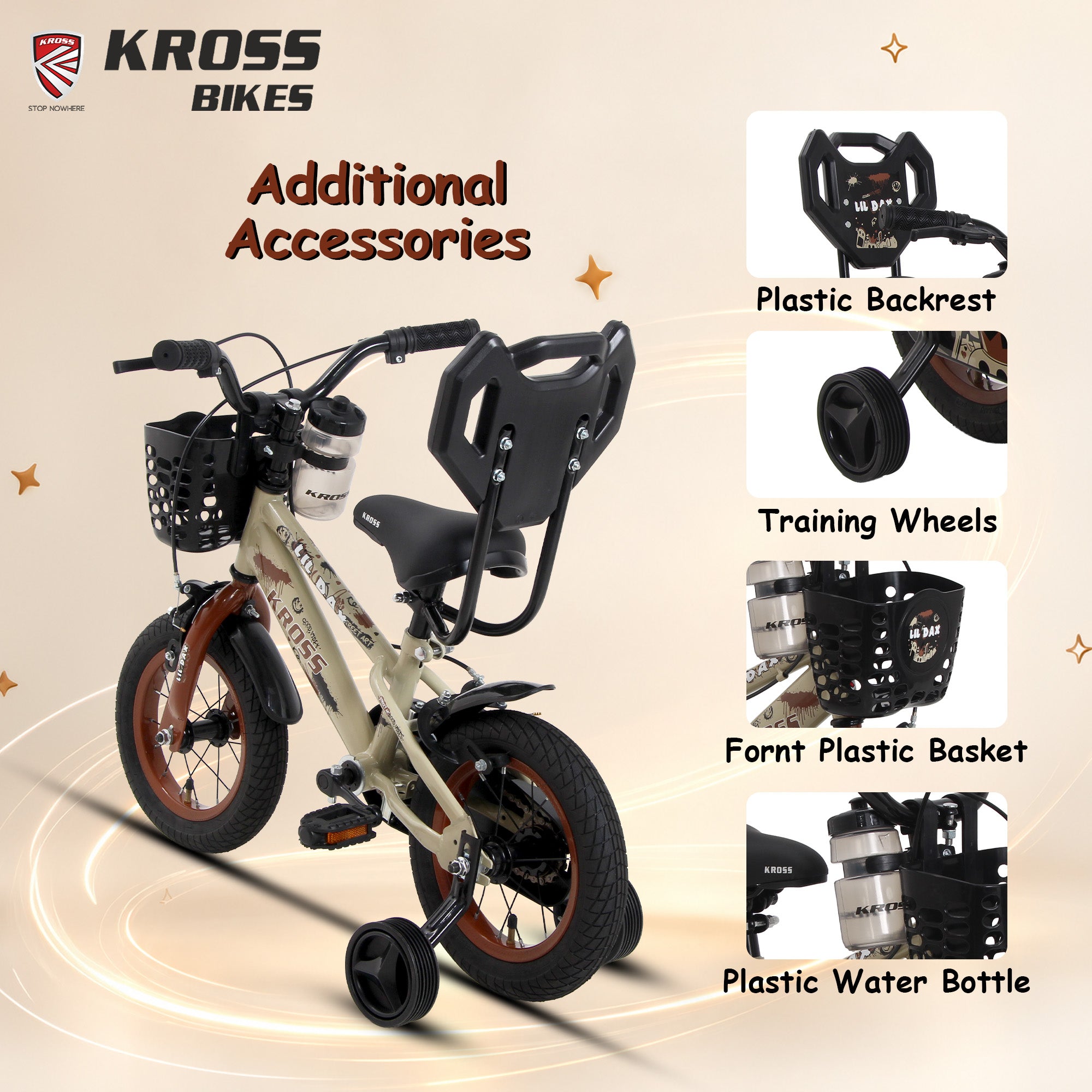 Kross Lil Dax 12T Kids Bicycle for Boys & Girls | Steel Frame | Training Wheels | Basket & Backrest | Cream & Brown
