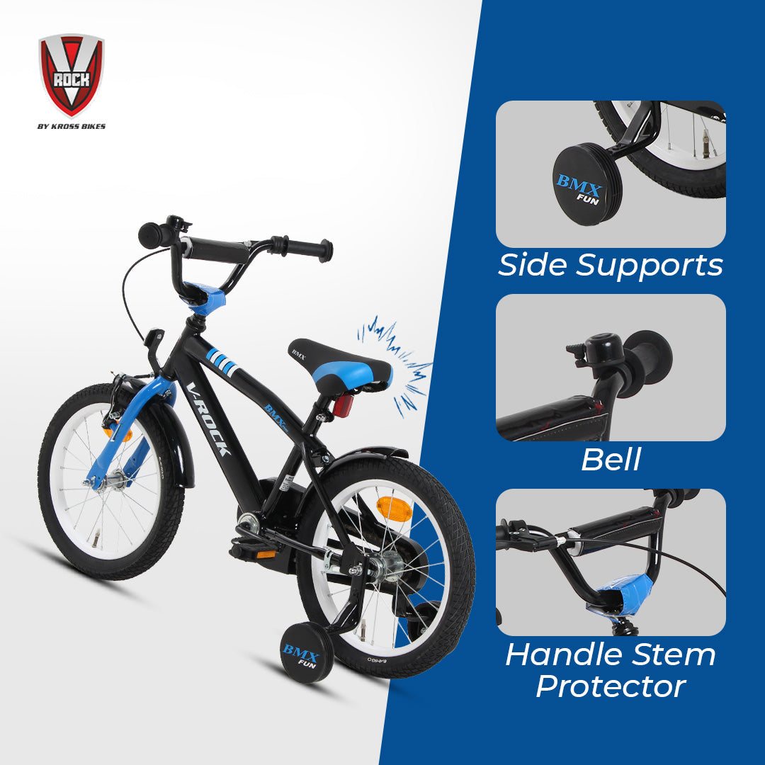V Rock 16T BMX Fun Kids Bicycle with Training Wheels & Coaster Brake – Black Blue