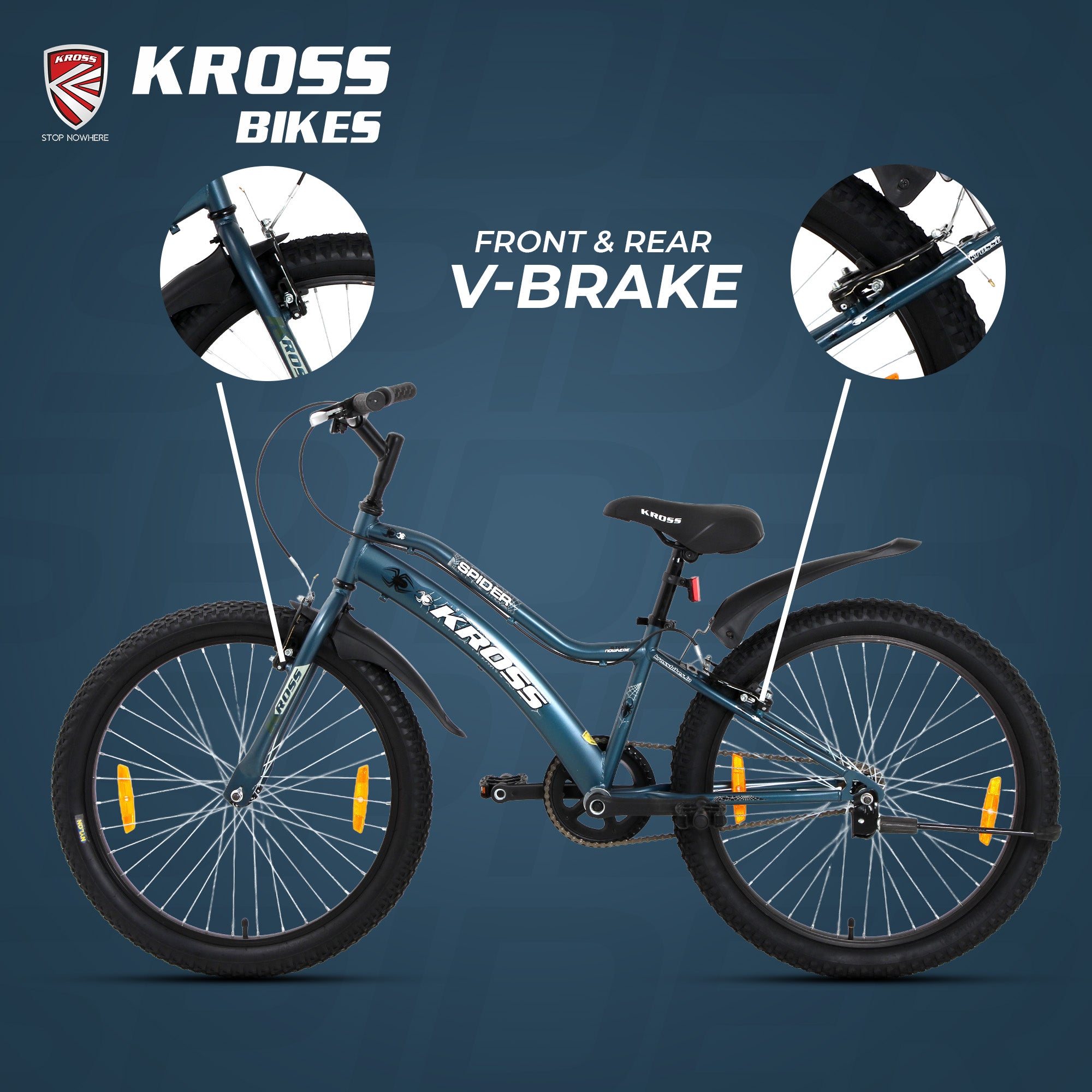 Kross Spider 24T Single Speed MTB Cycle with Alloy Rims, Dual V-Brakes, Mudguards, Side Stand | Blue