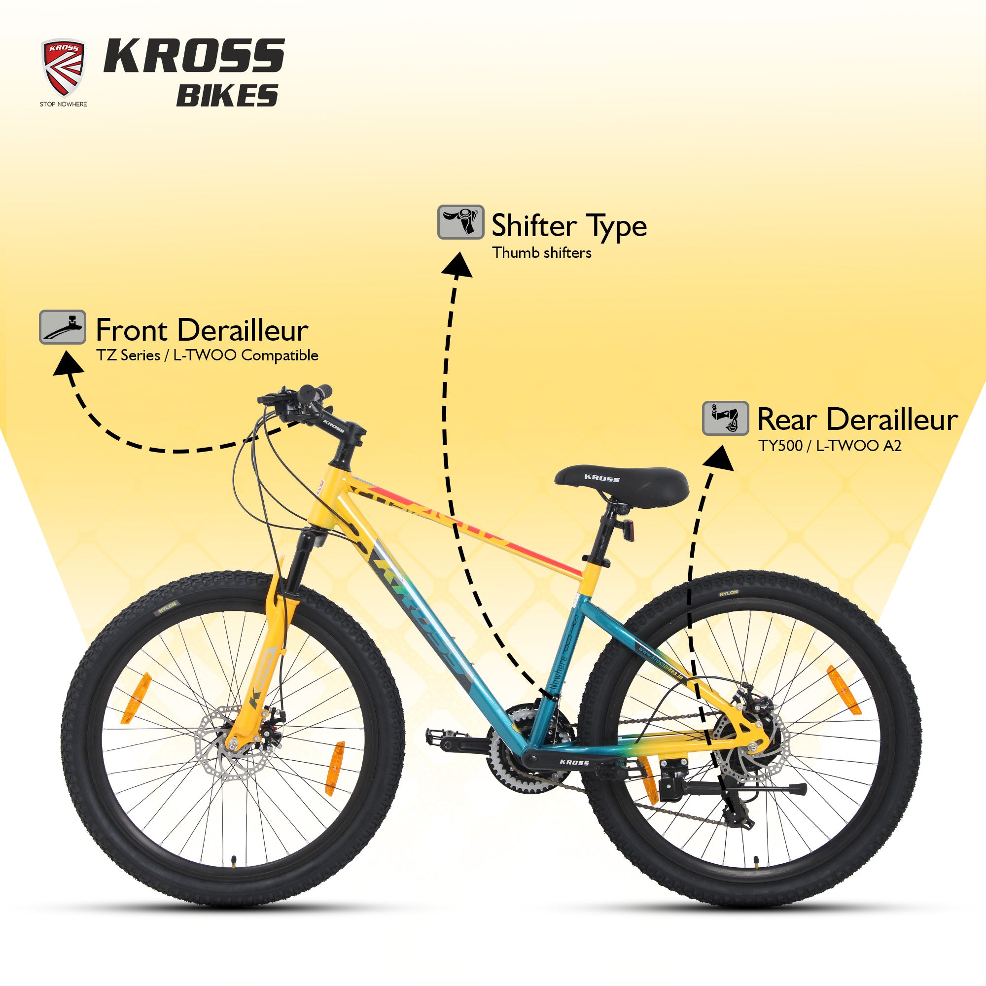 Kross Cubic 26T Mountain Bike with 21-Speed Gears, Front Suspension, Dual Disc Brakes, Alloy Frame, Green/Yellow