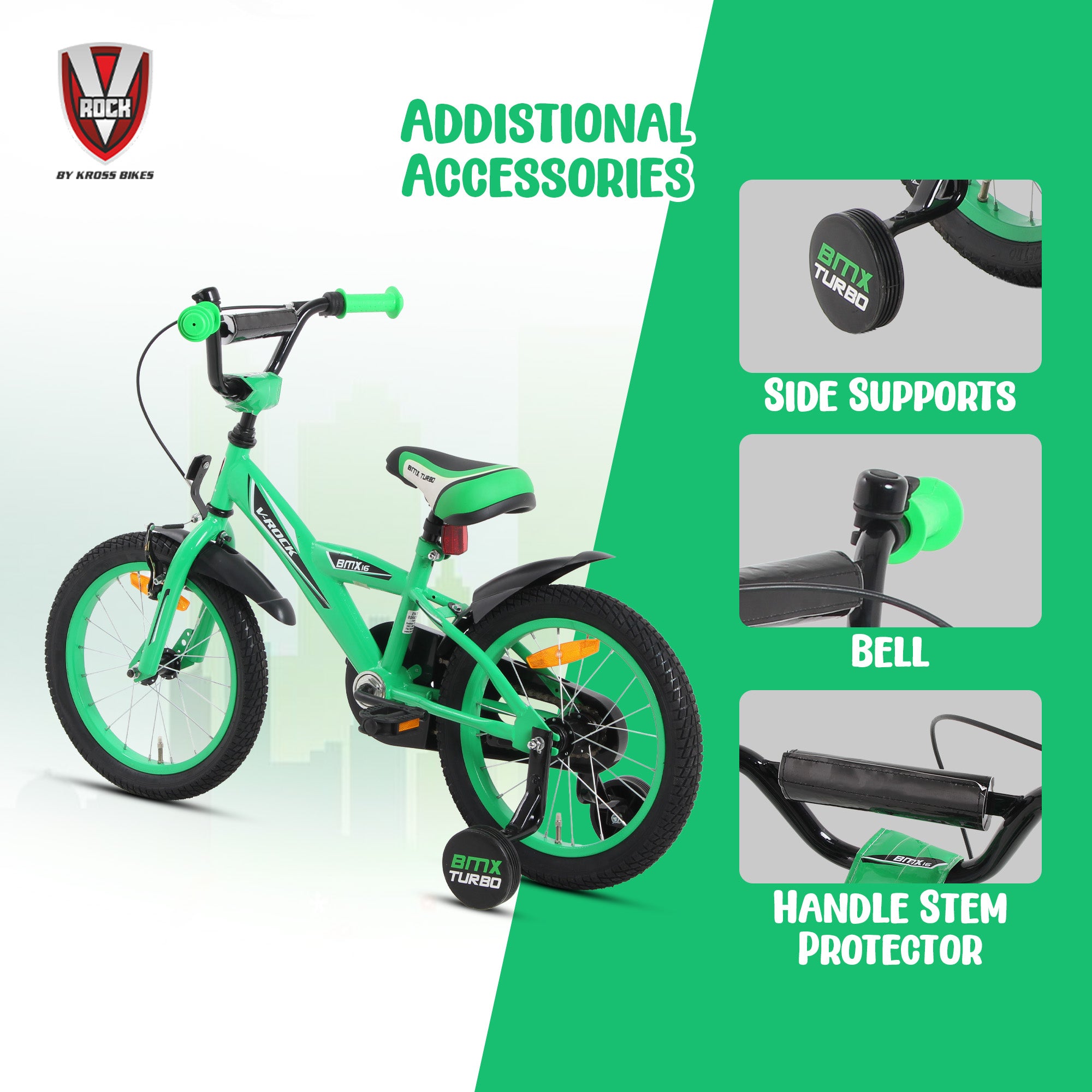 V Rock 16T BMX Turbo Green Kids Bicycle with Training Wheels & Coaster Brake