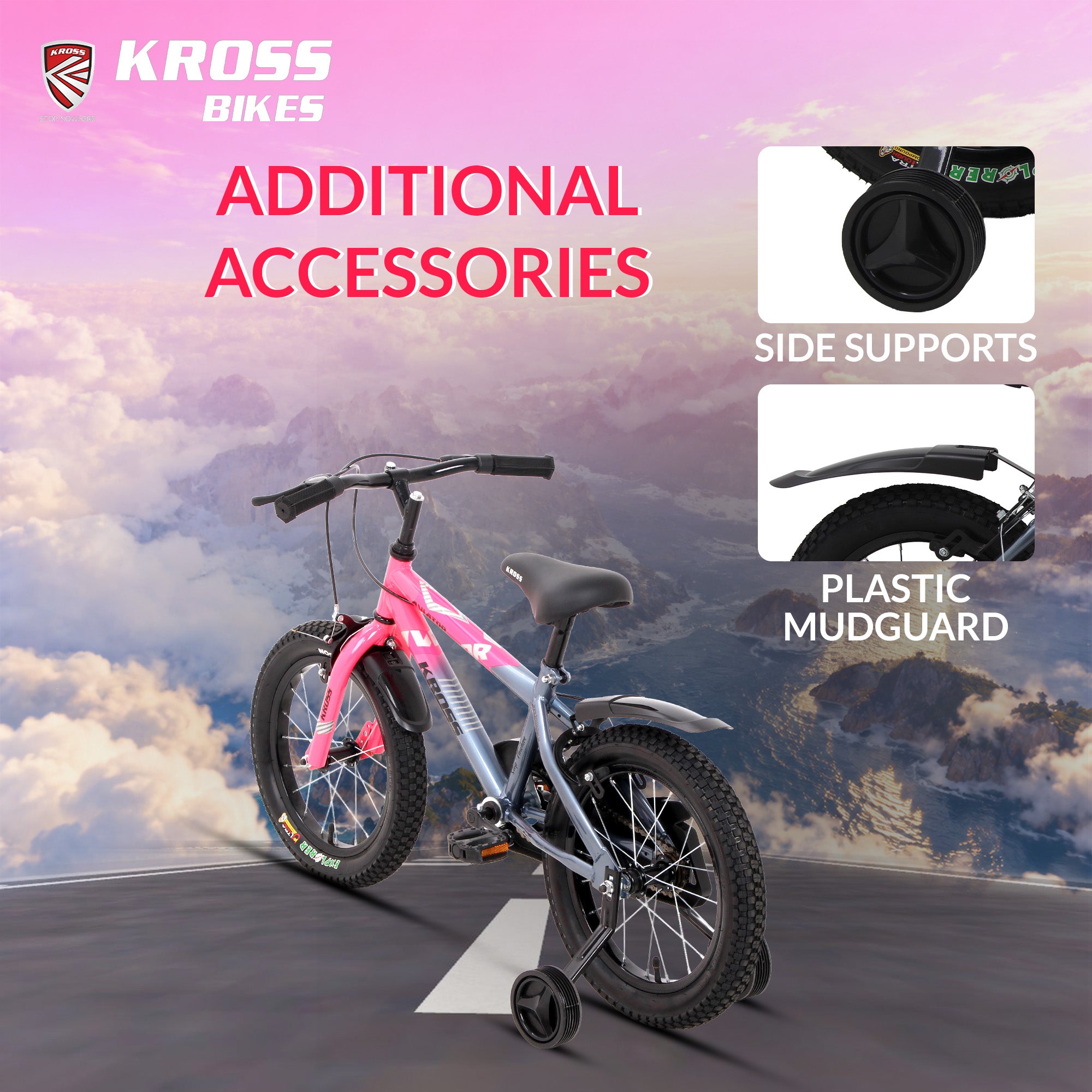 Kross Aviator 16T Kids Bicycle Grey & Pink | Single Speed | 16×2.40 Tyres | Caliper Brakes | Training Wheels | Side Supporter