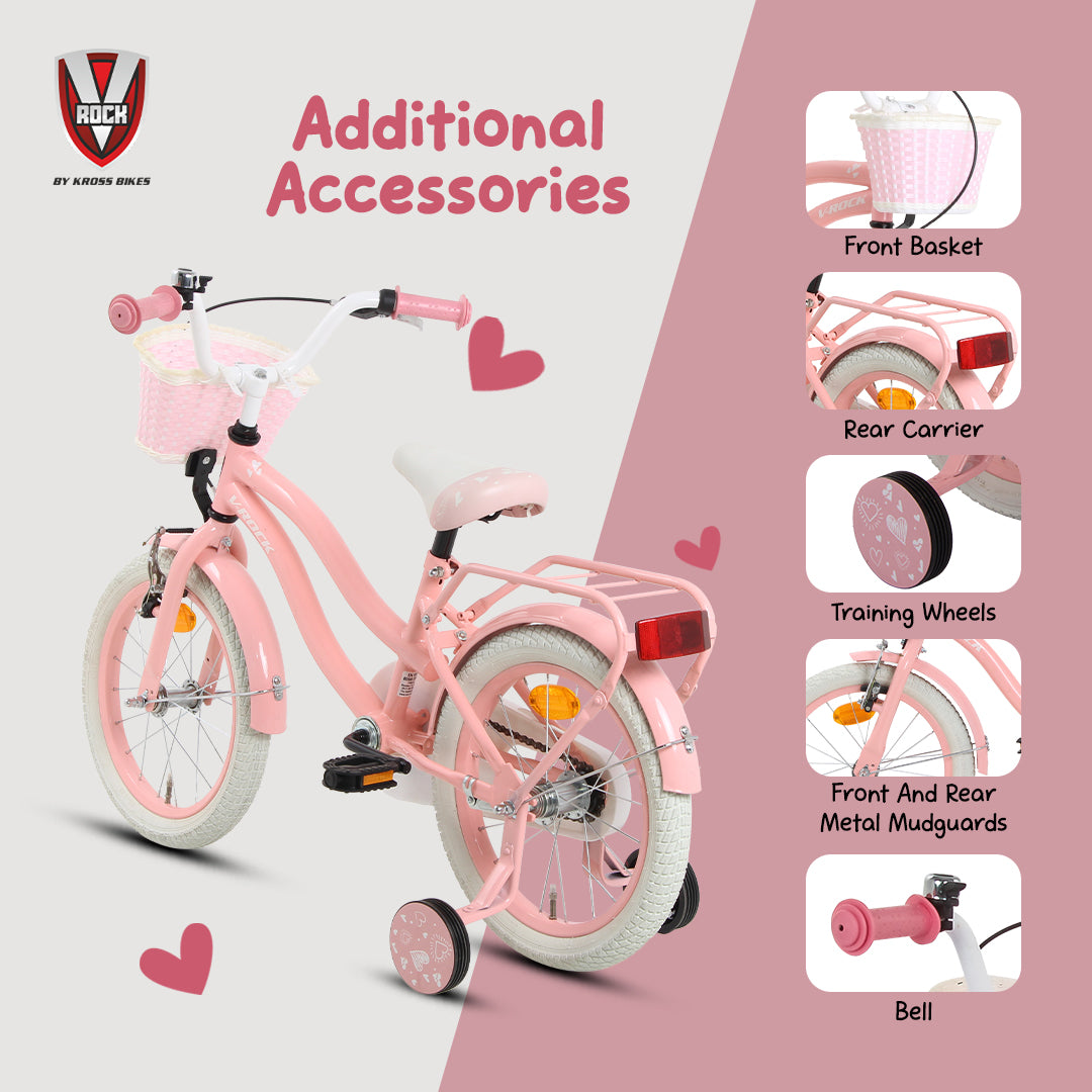 V Rock 16T Lovely Pink Kids Bicycle with Basket, Carrier & Training Wheels