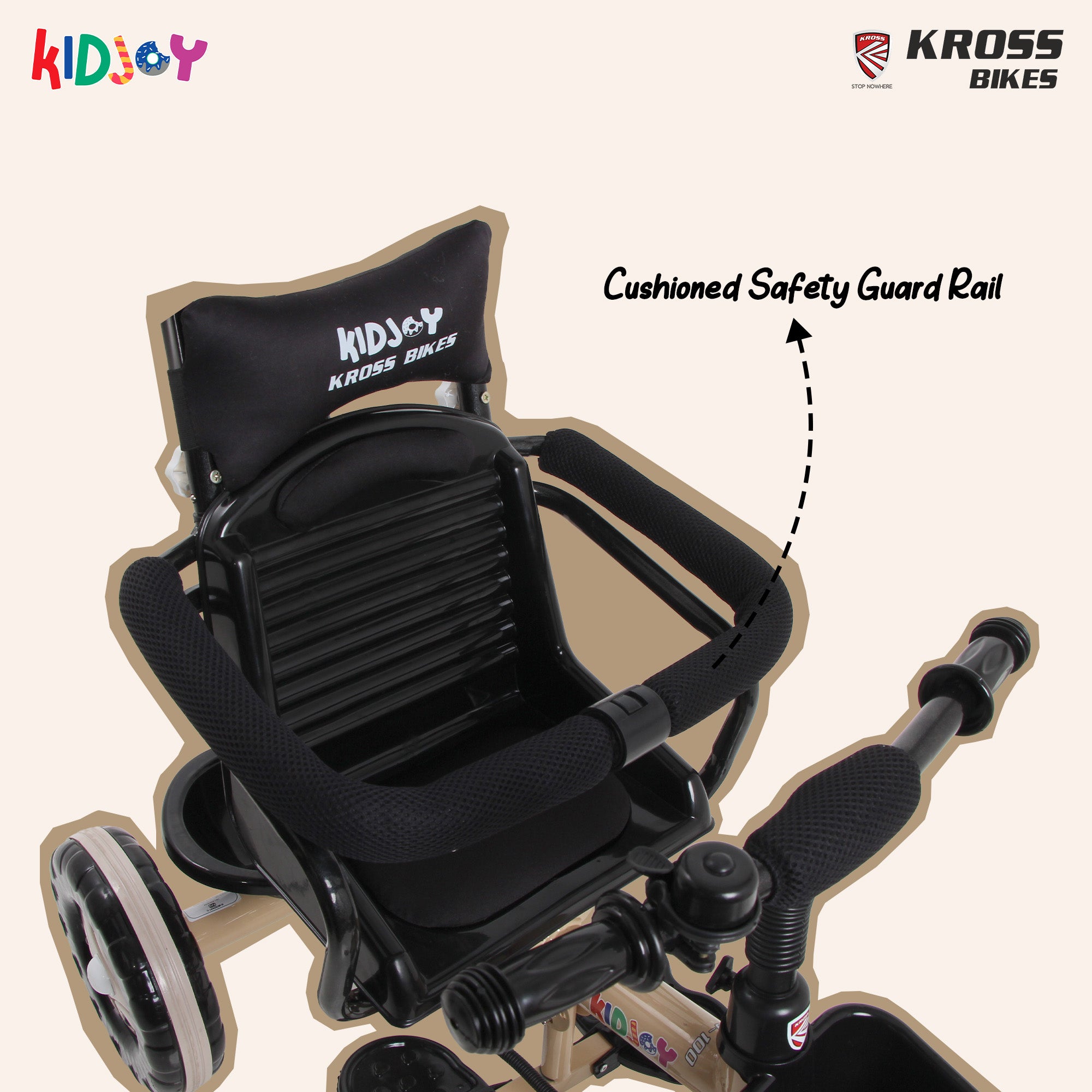 Kidjoy SS-100 Kids Tricycle for 1.5–4 Years with Parental Handle, Canopy & Safety Guard – Steel Frame (Brown)