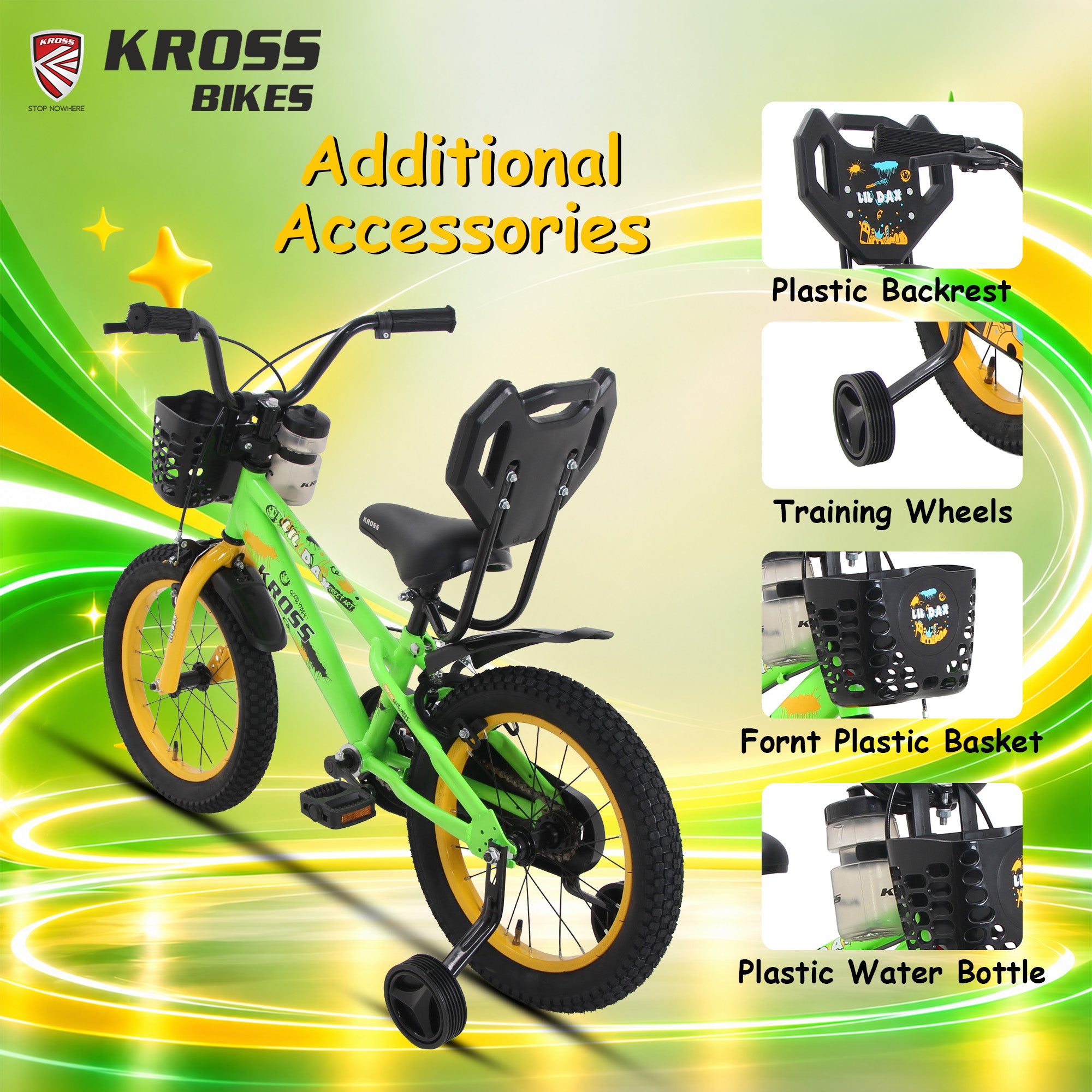 Kross Lil Dax 16T Kids Bicycle with Training Wheels, Basket & Backrest (Green)