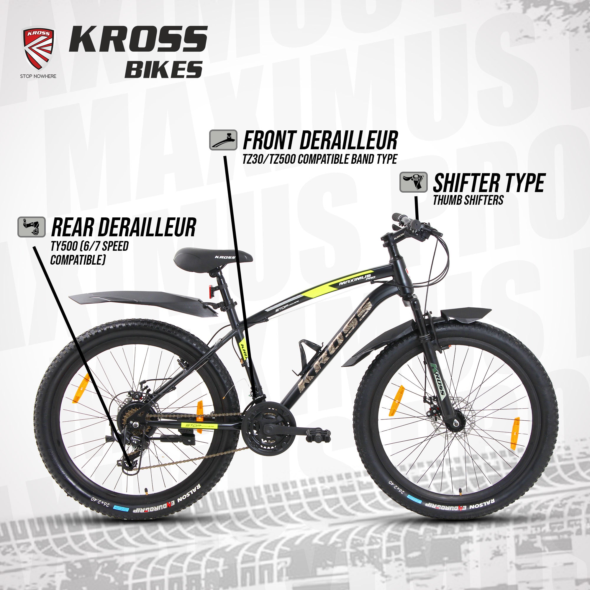 Kross Maximus Pro 26T Mountain Bike – 21-Speed Shimano/L-Twoo Tourney Drivetrain, TIG-Welded Steel Frame, Suspension Fork, Dual Disc Brakes, 2.40” Wide Tyres & Alloy Double-Wall Rims (Glossy Black)
