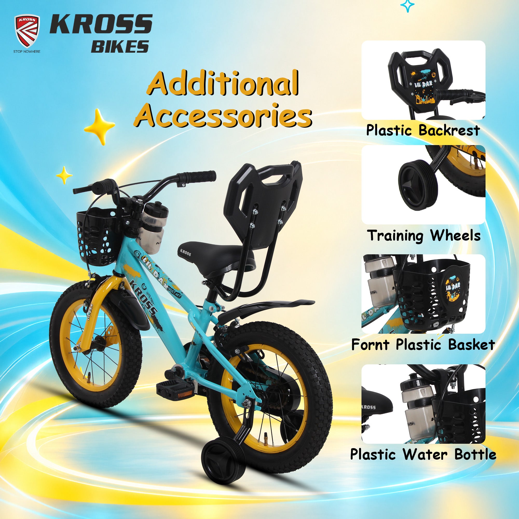 Kross Lil Dax 14T Kids Bicycle for Boys & Girls | Steel Frame | Single Speed | Training Wheels, Basket & Backrest | Blue-Yellow