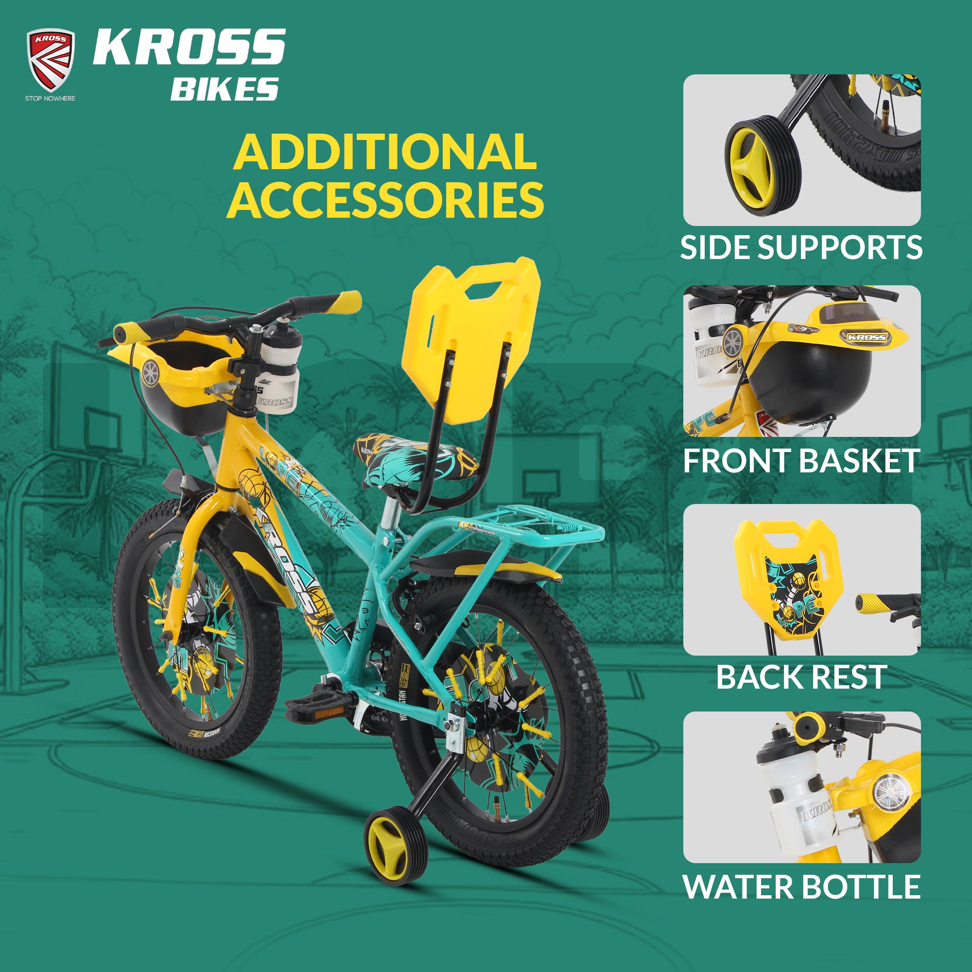 Kross Lope 16T Kids Cycle (16x2.40 Tyre, Dual Color Steel Frame, Caliper Brakes, Basket & Side Wheels, 4–6 Years) with Carrier -Yellow