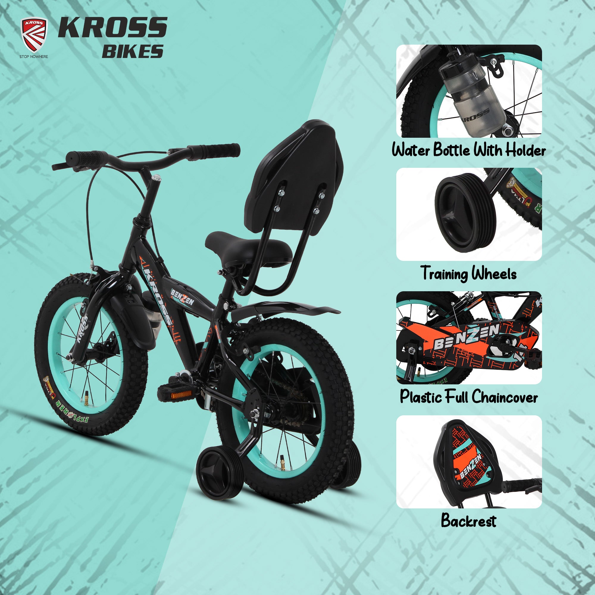 Kross Benzen Crush 14T Kids Cycle with Training Wheels, Back Rest & Bottle – Black