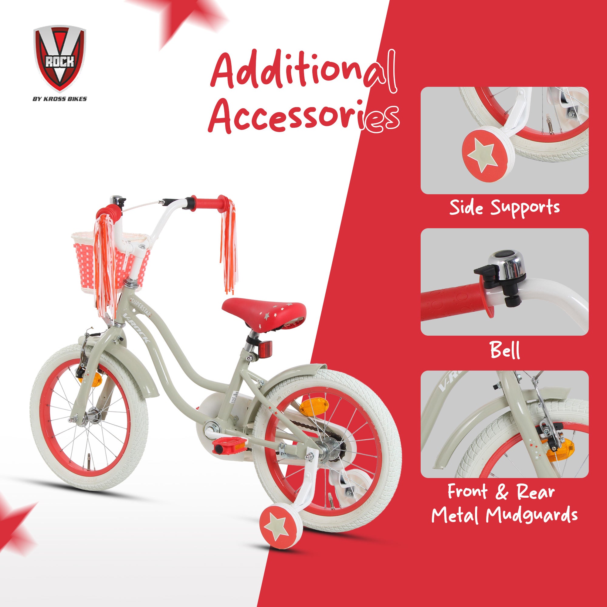 V Rock Superstar 16T Kids Bicycle – Cream | Training Wheels | Basket | Steel Frame