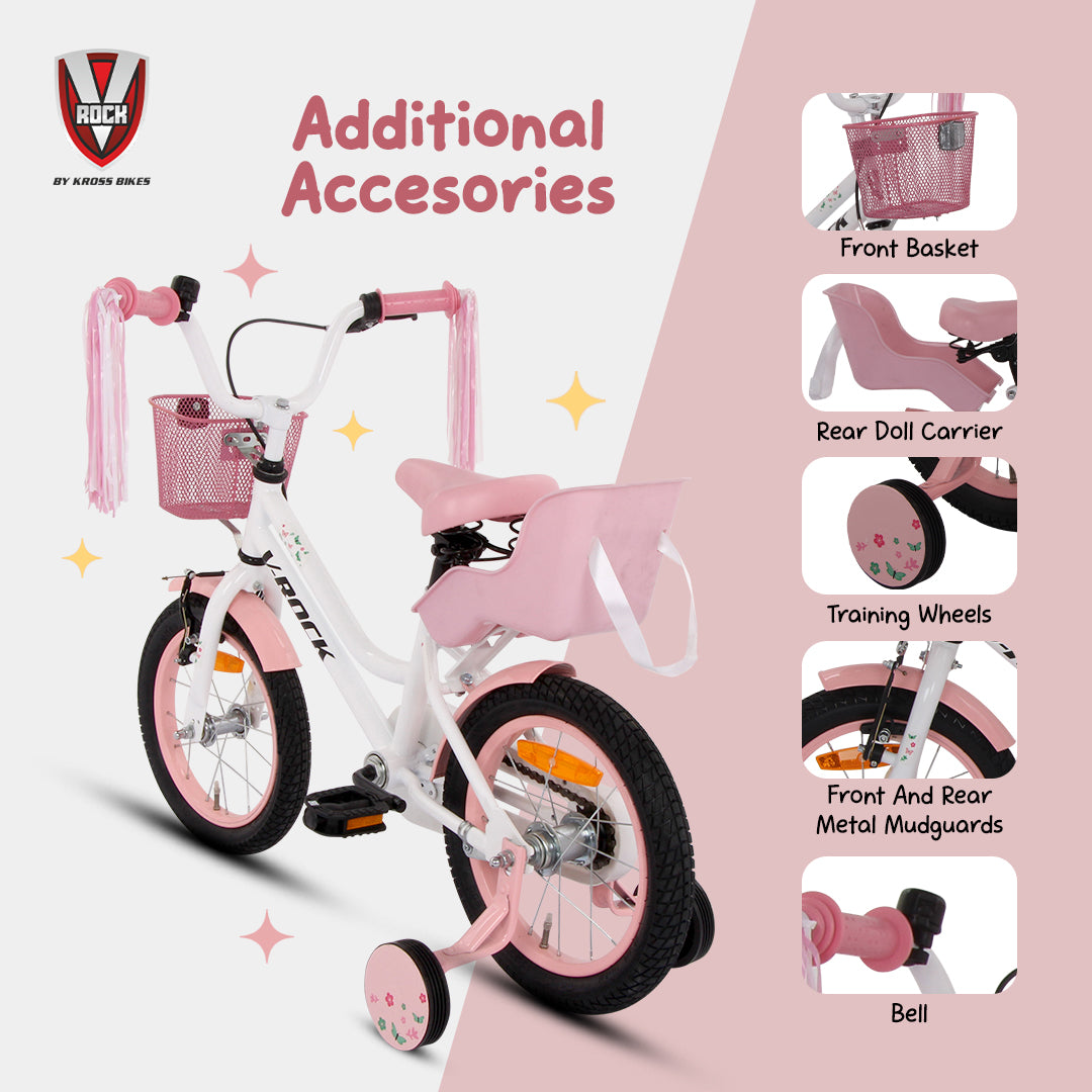 V Rock Magic 14T Kids Bicycle – Magic White with Pink Accessories | Training Wheels | Basket & Doll Carrier