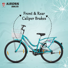 Kross Lilly 26T Turquoise Green Single Speed City Bicycle with Basket | Steel Frame