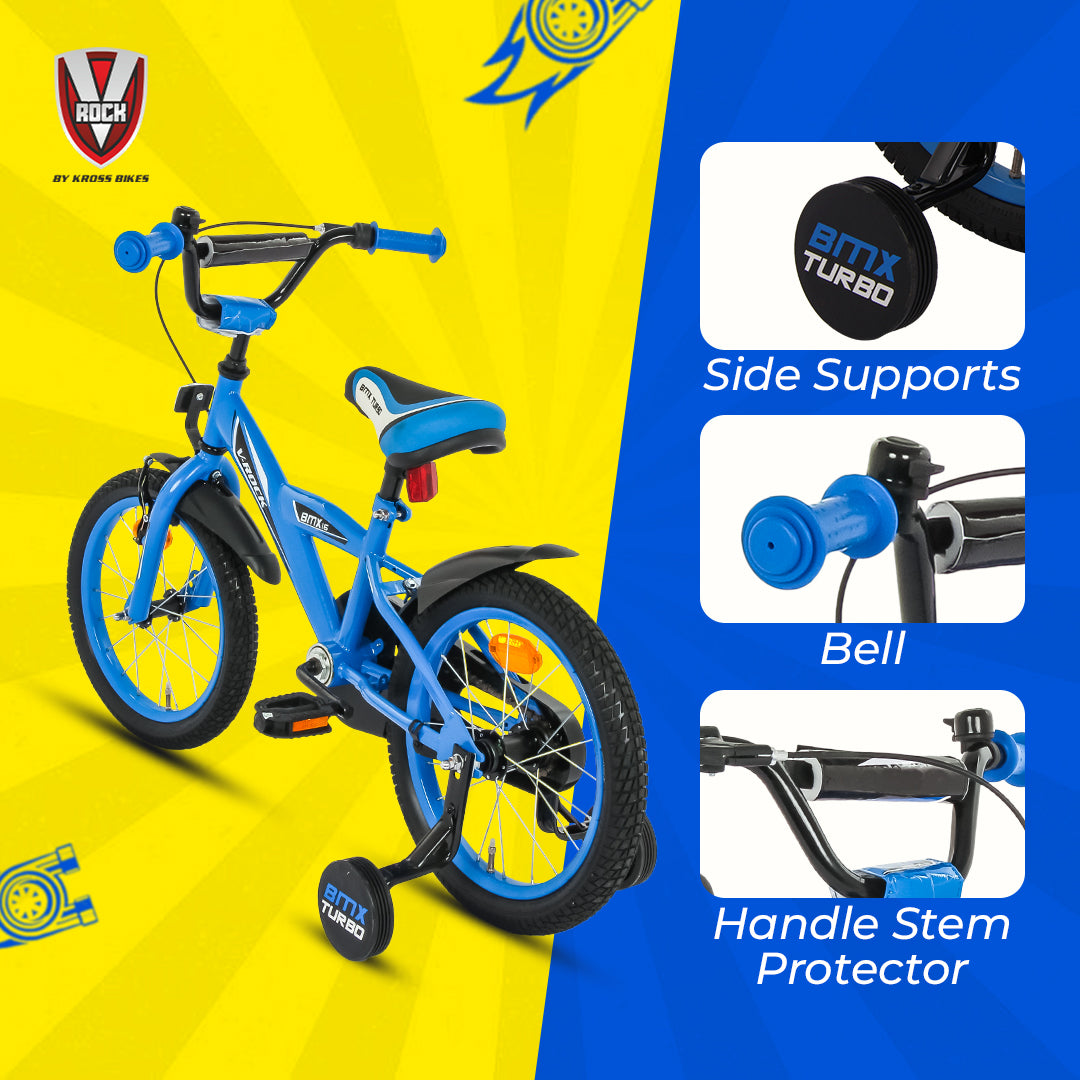 V Rock BMX Turbo 16T Kids Bicycle with Steel Frame, Coaster Hub, V-Brakes, Training Wheels & Mudguards (Turbo Blue)