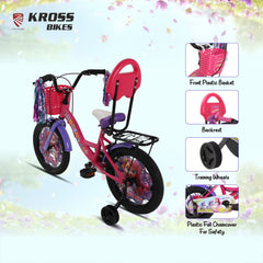 Kross Megan 16T Kids Bicycle with Side Wheels, Basket & Backrest | Pink Purple | Cycle for Girls Age 4-7 Years