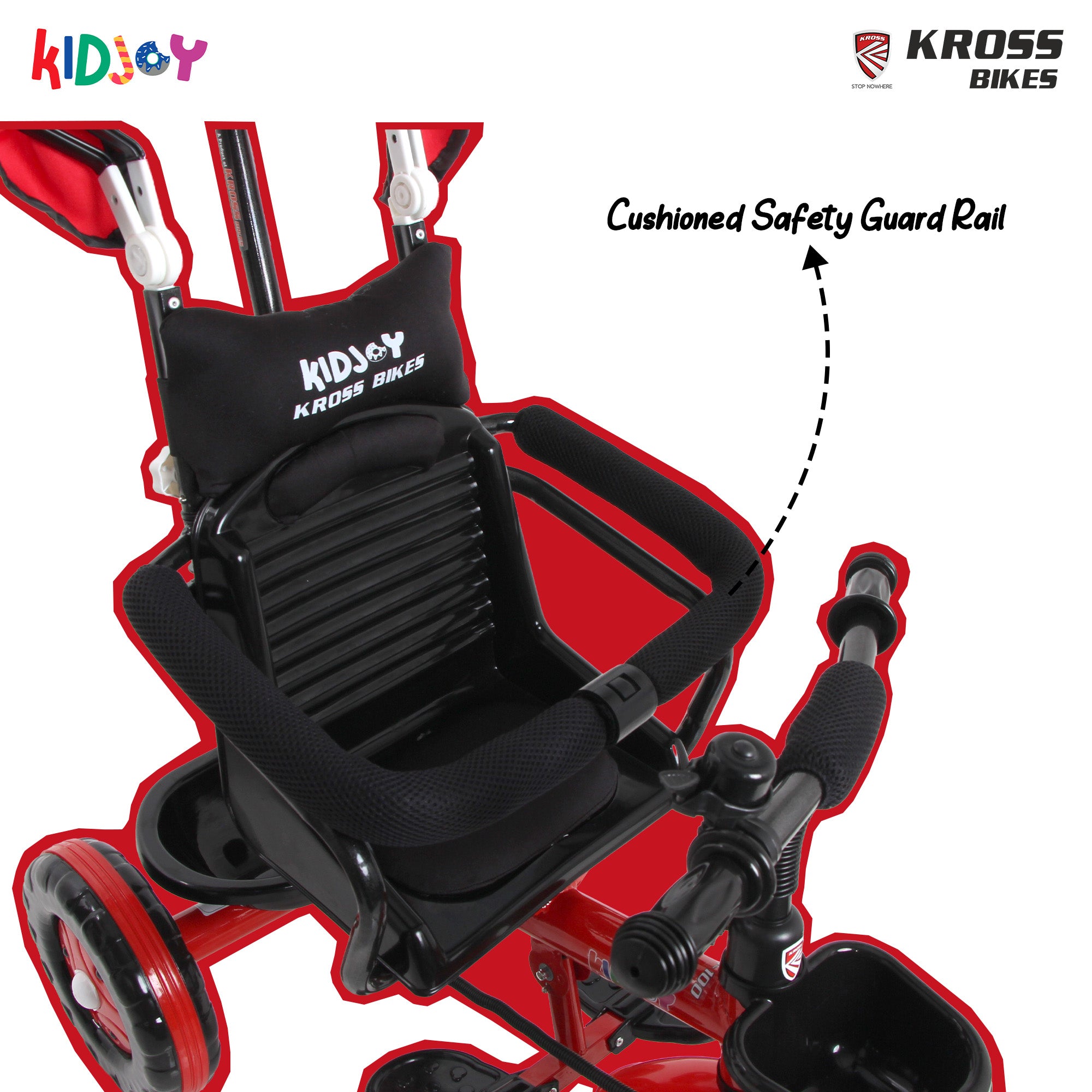 Kidjoy SS-100 Kids Tricycle for 1.5–4 Years with Parental Handle, Canopy & Safety Guard – Steel Frame (Red)