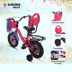 Kross Megan 12T Kids Bicycle with Training Wheels, Basket, Back Rest & Carrier | Single Speed | Pink-Purple
