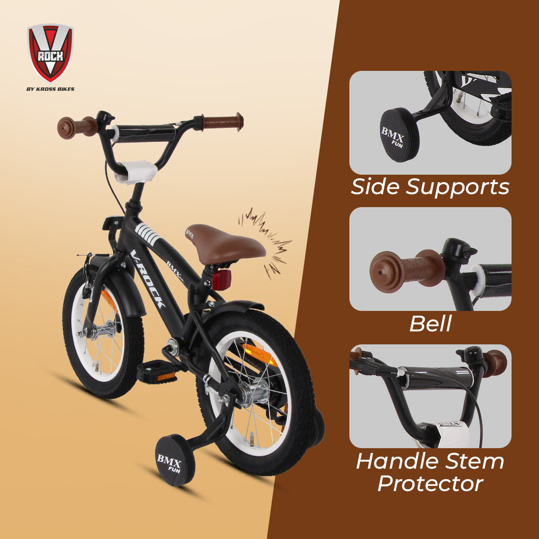 V Rock 14T BMX Fun Kids Bicycle with Training Wheels, Matt Black Steel Frame, Single Speed, Front V-Brake & Coaster Brak