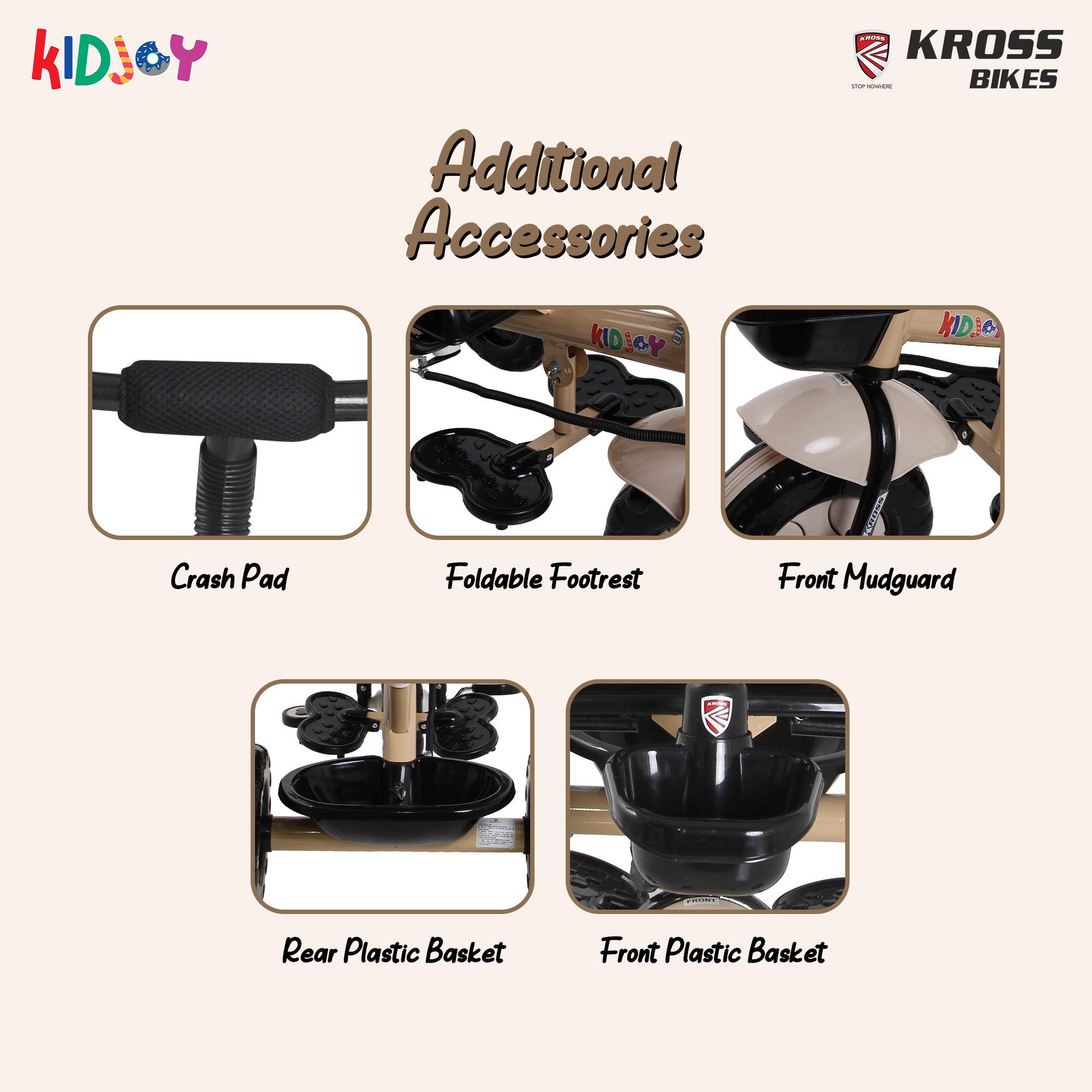 Kidjoy SS-100 Kids Tricycle for 1.5–4 Years with Parental Handle, Canopy & Safety Guard – Steel Frame (Brown)