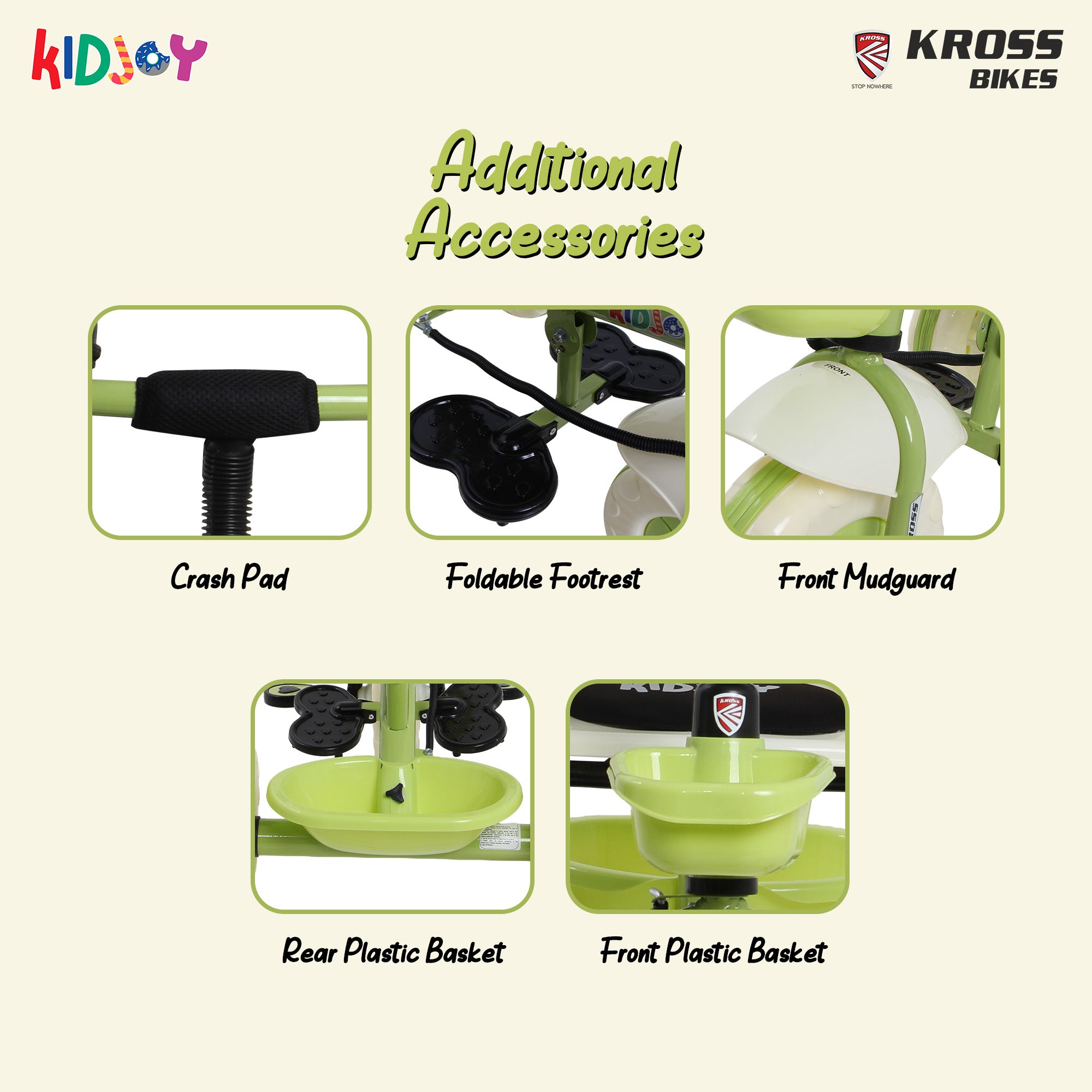 Kidjoy SS-100 Kids Tricycle for 1.5–4 Years with Parental Handle, Canopy & Safety Guard – Steel Frame (Green)