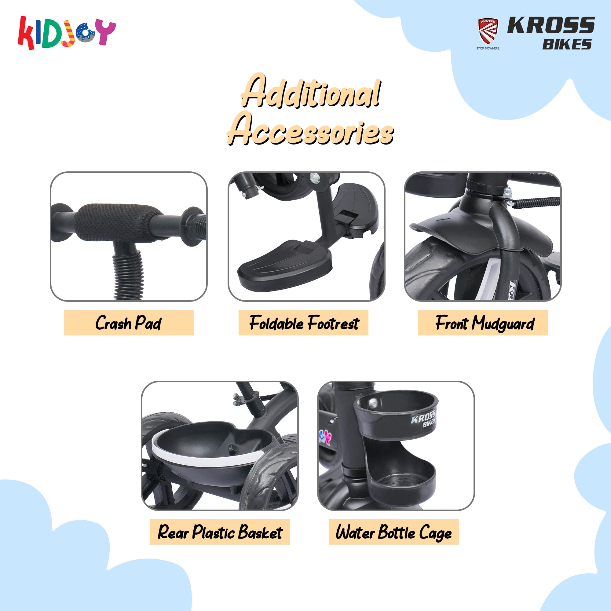 Kidjoy EX-1 3-in-1 Kids Tricycle with Adjustable Parental Handle, Detachable Canopy, EVA Tyres, Safety Belt & Rear Basket (1–4 Years) (Black/White)