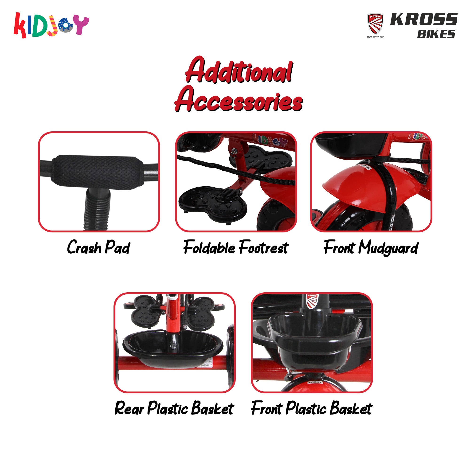 Kidjoy SS-100 Kids Tricycle for 1.5–4 Years with Parental Handle, Canopy & Safety Guard – Steel Frame (Red)