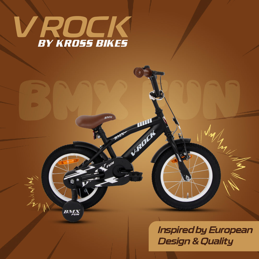 V Rock 14T BMX Fun Kids Bicycle with Training Wheels, Matt Black Steel Frame, Single Speed, Front V-Brake & Coaster Brak