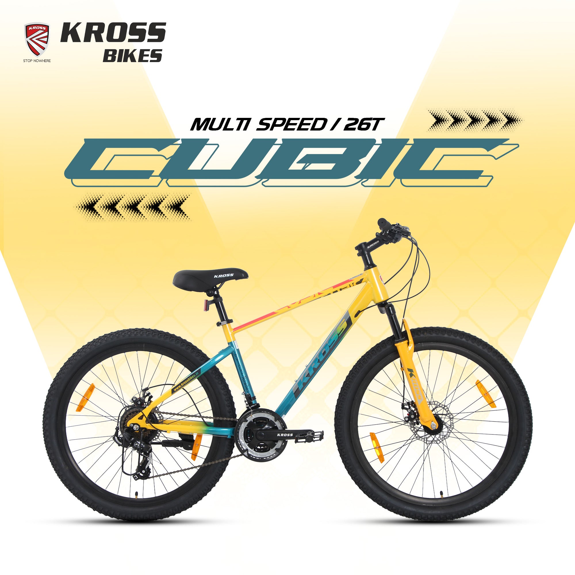Kross Cubic 26T Mountain Bike with 21-Speed Gears, Front Suspension, Dual Disc Brakes, Alloy Frame, Green/Yellow