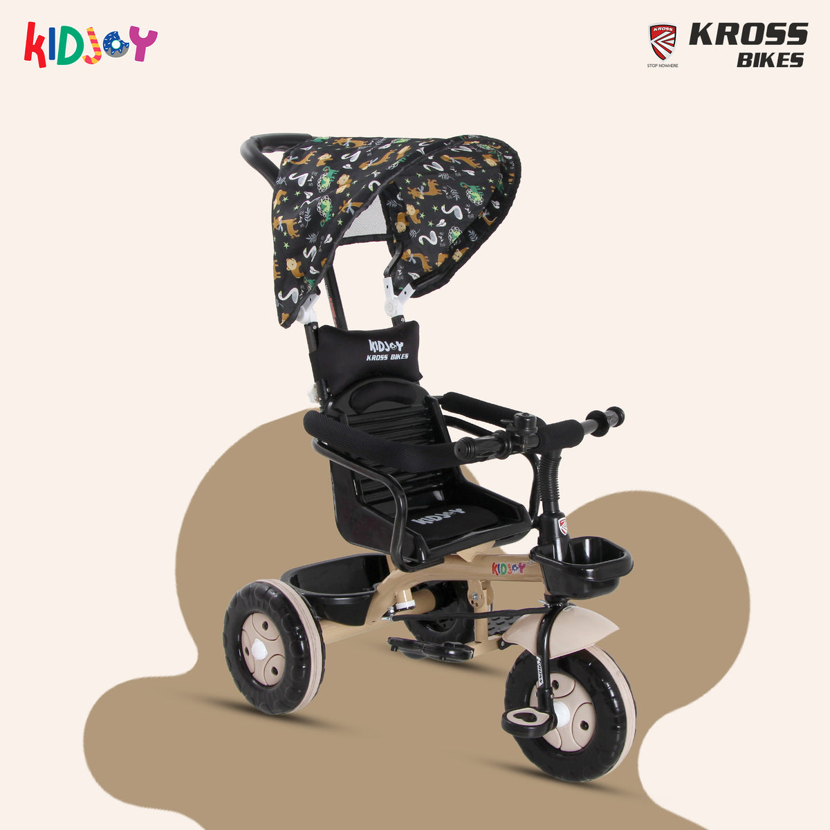 Kidjoy SS-100 Kids Tricycle for 1.5–4 Years with Parental Handle, Canopy & Safety Guard – Steel Frame (Brown)