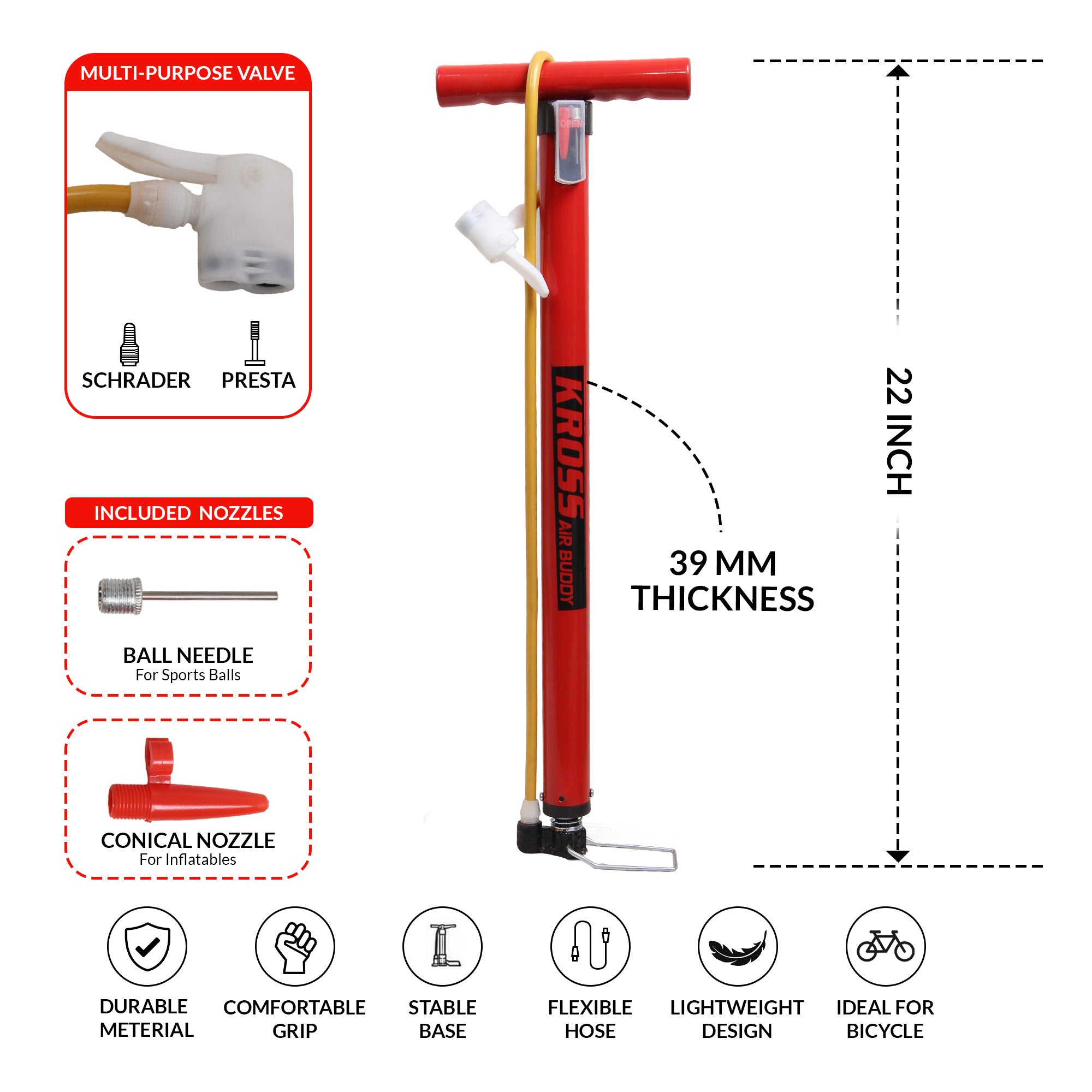 Kross Air Buddy High-Pressure Multipurpose Hand Air Pump (with Universal Dual Valve & Multi-Nozzle Kit)39 MM Red Pump