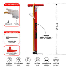 Kross Air Buddy High-Pressure Multipurpose Hand Air Pump (with Universal Dual Valve & Multi-Nozzle Kit)39 MM Red Pump