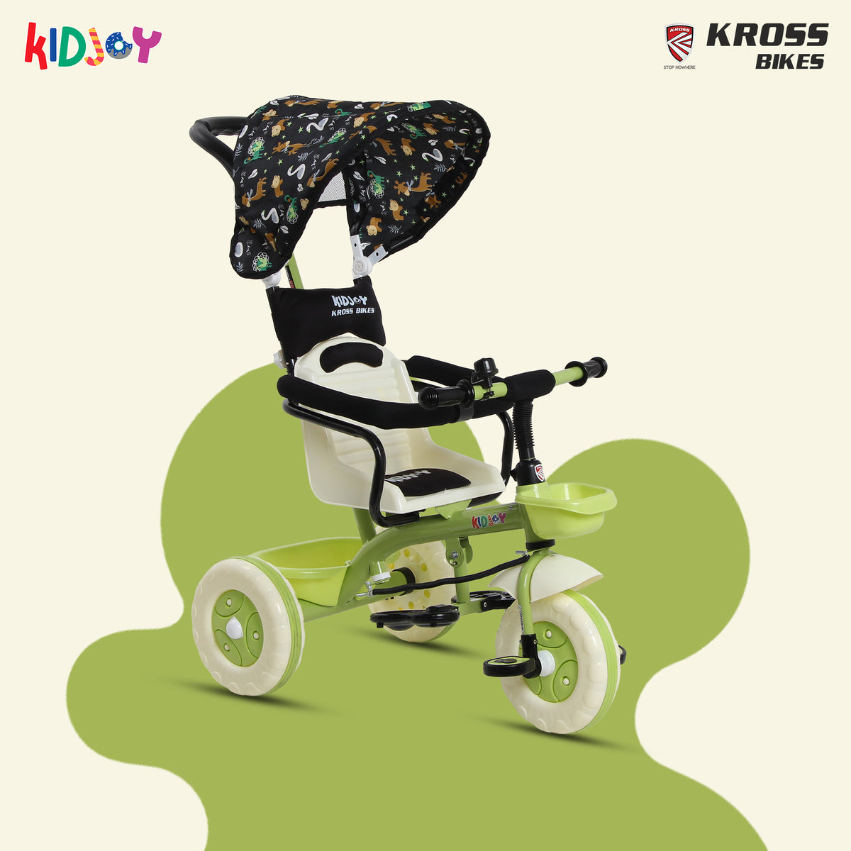Kidjoy SS-100 Kids Tricycle for 1.5–4 Years with Parental Handle, Canopy & Safety Guard – Steel Frame (Green)