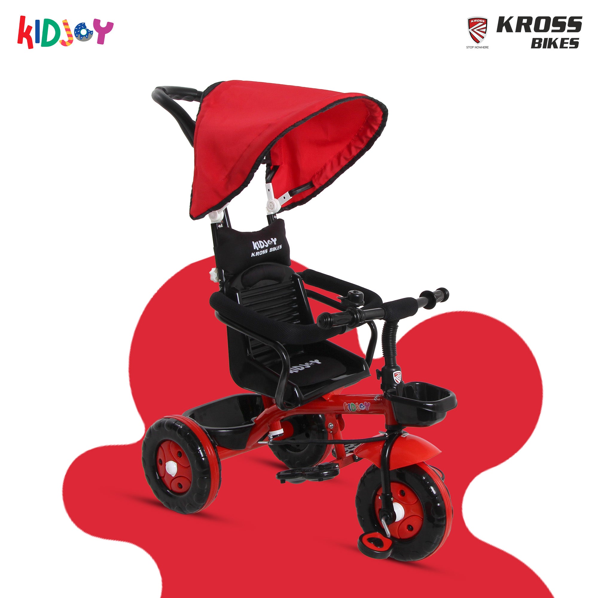 Kidjoy SS-100 Kids Tricycle for 1.5–4 Years with Parental Handle, Canopy & Safety Guard – Steel Frame (Red)
