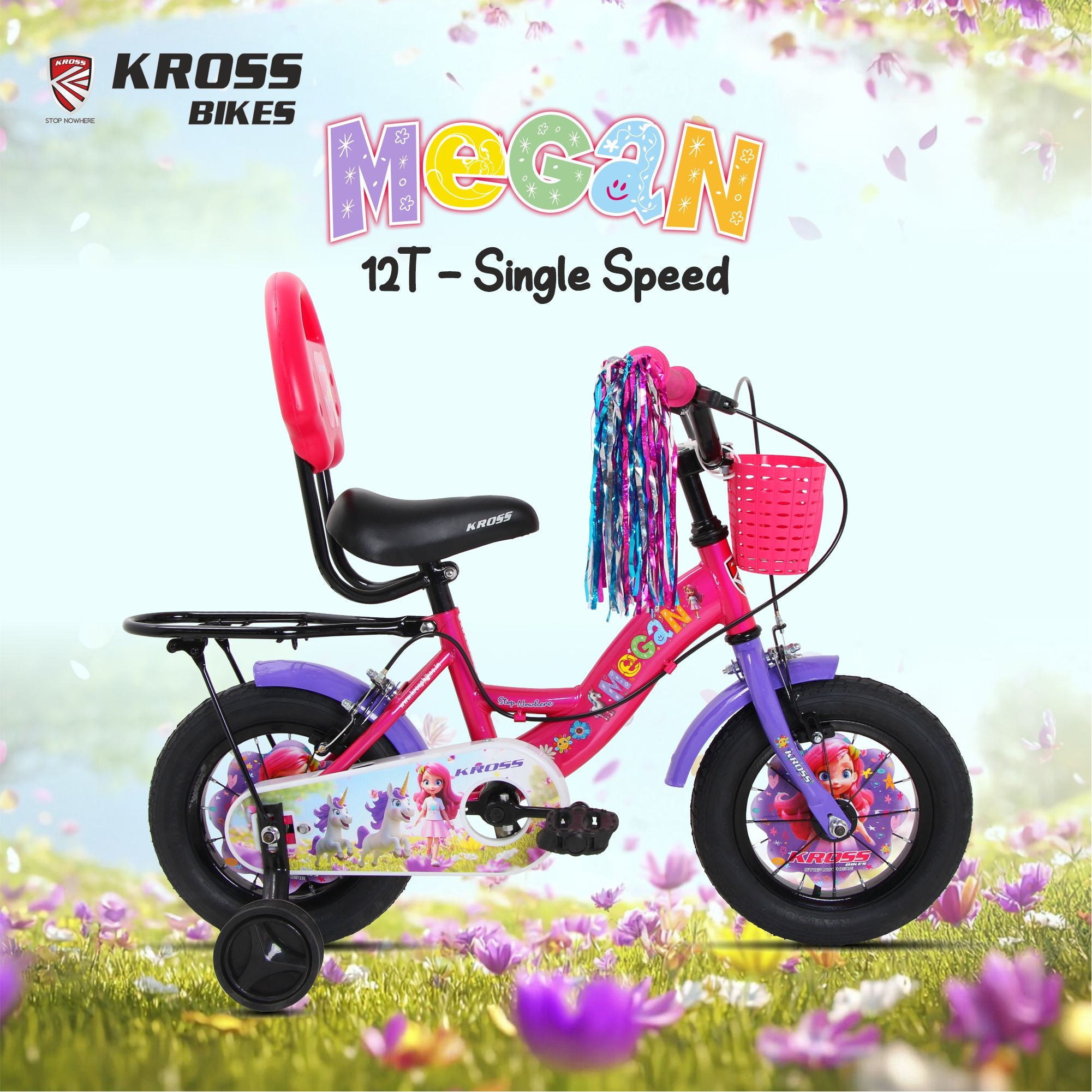 Kross Megan 12T Kids Bicycle with Training Wheels, Basket, Back Rest & Carrier | Single Speed | Pink-Purple