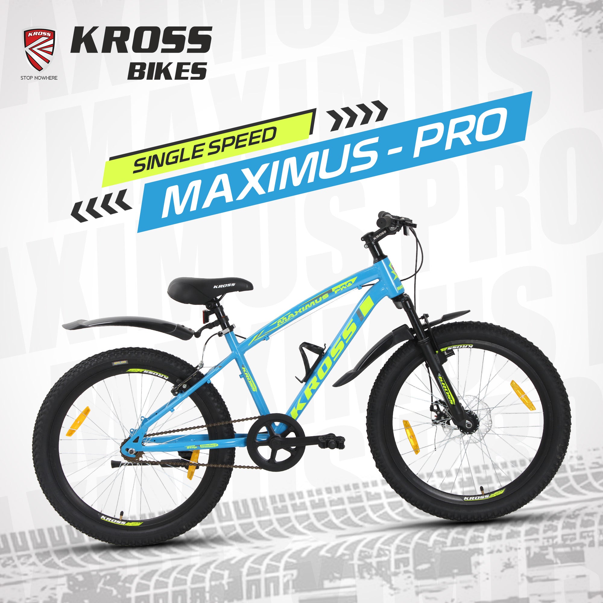KROSS Maximus Pro 24T Dual Disc Kids MTB – Blue/Yellow | Steel Frame, Suspension Fork, Single Speed