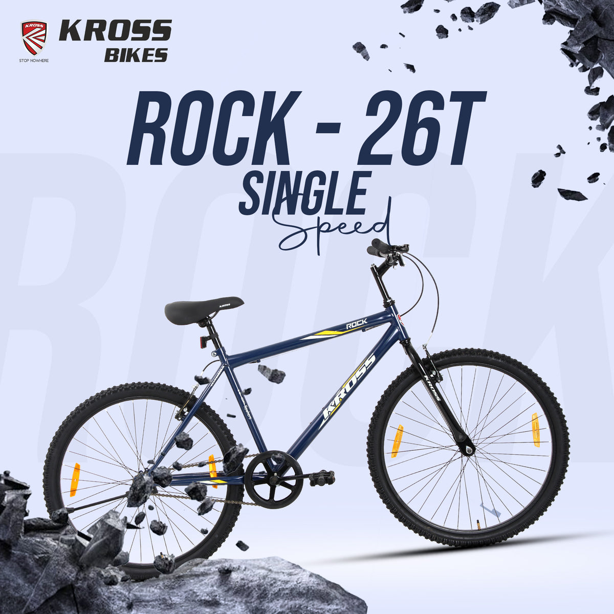 Kross Rock 26T Single Speed MTB Bicycle | Steel Frame | V-Brakes | Black & Blue | 26 x 2.10 Tyres