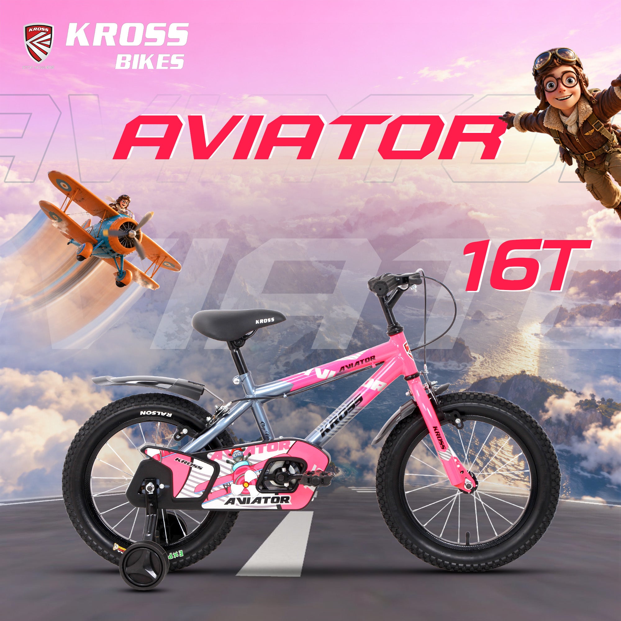 Kross Aviator 16T Kids Bicycle Grey & Pink | Single Speed | 16×2.40 Tyres | Caliper Brakes | Training Wheels | Side Supporter